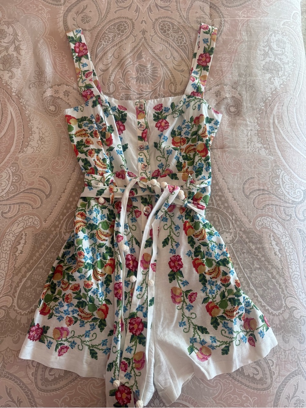 FARM Rio White Floral Embroidered Romper with Pink, Green, Blue Accents